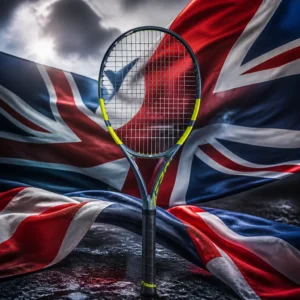 advanced tennis class — the Babolat Pure Aero Plus 9th Gen Tennis Racquet and the national flag of United Kingdom, the country of Hereford, United Kingdom, composed into a single image.