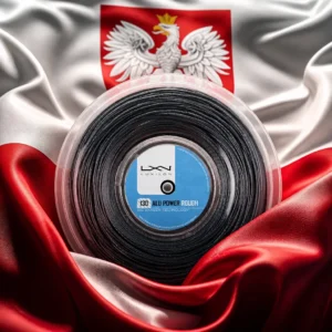 advanced tennis classes Fort Lauderdale — the Luxilon ALU Power Rough 16g Tennis String Reel and the national flag of Poland, the country of Jastarnia, Poland, composed into a single image.