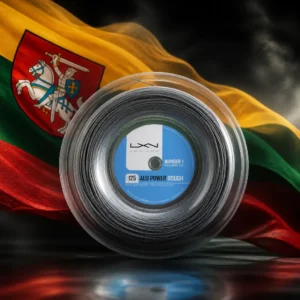 advanced tennis clinic — the Luxilon ALU Power Rough 16L Tennis String Reel and the national flag of Lithuania, the country of Jurbarkas, Lithuania, composed into a single image.