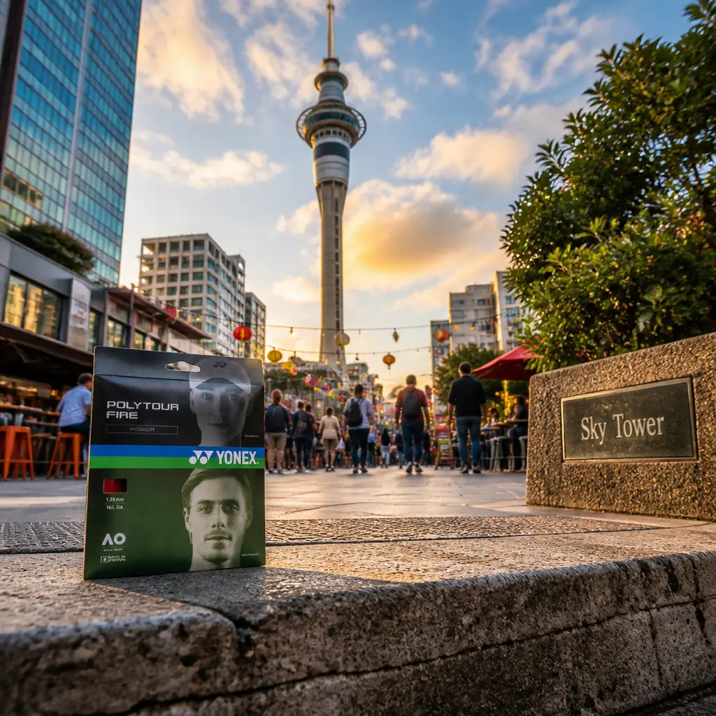 advanced tennis clinics — the Yonex Polytour Fire 16g tennis string set resting on a worn concrete step in early morning light beneath the Auckland Harbour Bridge, its clip-on lanes overhead.
