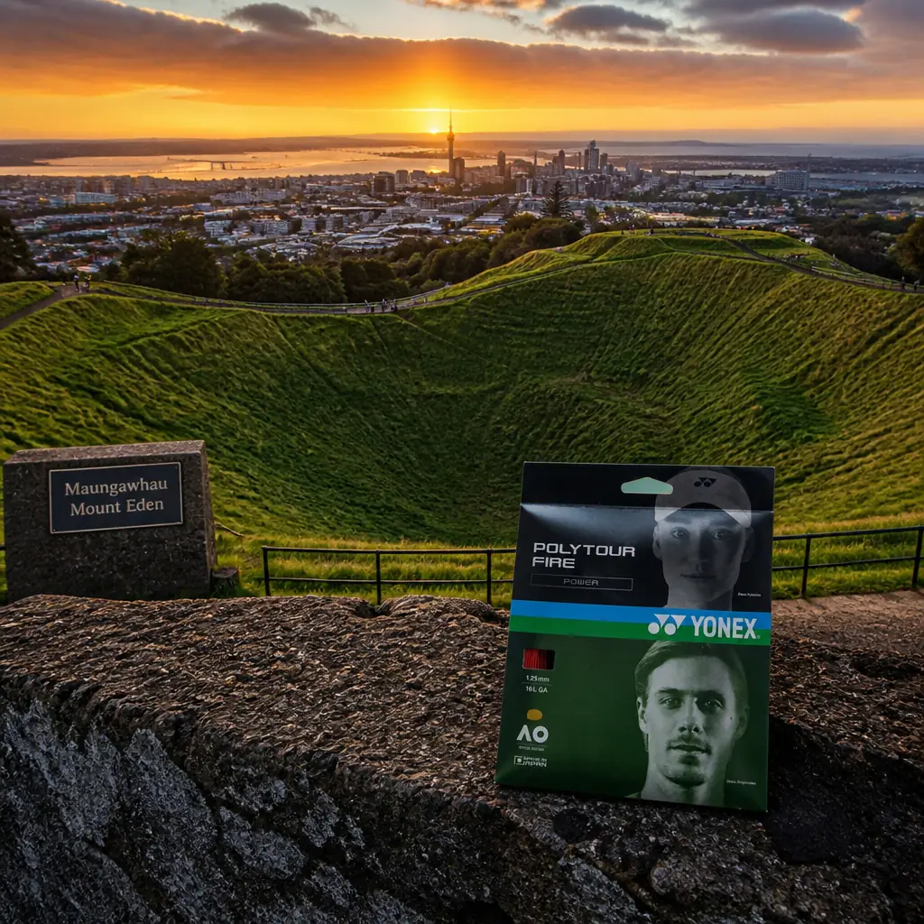 advanced tennis clinics — the Yonex Polytour Fire 16g tennis string set small on the stone parapet of the Auckland Domain at golden hour, the columned portico of the Auckland War Memorial Museum beyond it.
