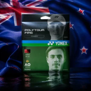 advanced tennis clinics — the Yonex Polytour Fire 16g Tennis String Set and the national flag of New Zealand, the country of Auckland, New Zealand, composed into a single image.
