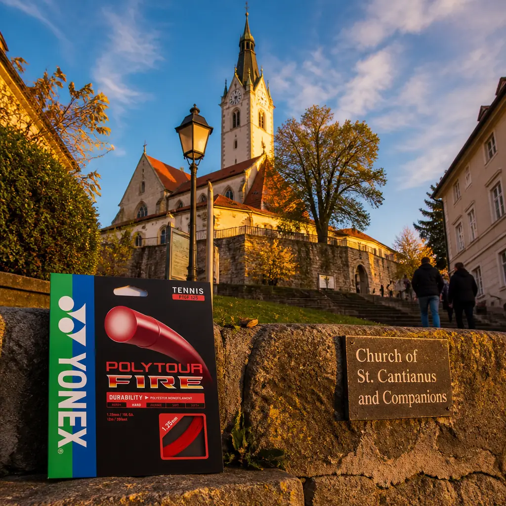 advanced tennis clinics Fort Lauderdale — the Yonex Polytour Fire 17g Tennis String Set photographed at Prešeren House in Kranj, Slovenia. A narrow late-Gothic townhouse of pale render with small deep-set windows and a heavy stone doorway, standing in a row of old buildings along a quiet cobbled street.