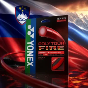 advanced tennis clinics Fort Lauderdale — the Yonex Polytour Fire 17g Tennis String Set and the national flag of Slovenia, the country of Kranj, Slovenia, composed into a single image.