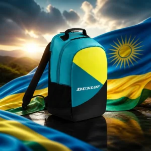 Bay Colony cardio tennis class — the Dunlop SX Club Tennis Backpack and the national flag of Rwanda, the country of Gisenyi, Rwanda, composed into a single image.