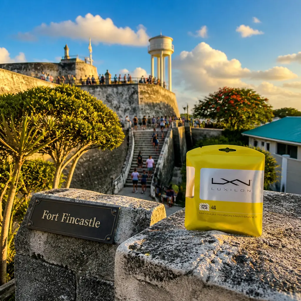 Bay Colony cardio tennis clinics — the Luxilon 4G 17g tennis string set on an iron railing at midday at Fort Fincastle, the fort's ship's-prow stonework on Bennet's Hill behind it.