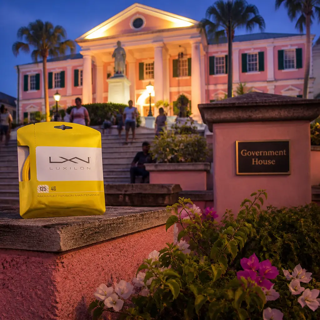 Bay Colony cardio tennis clinics — the Luxilon 4G 17g tennis string set close on a painted balustrade at dusk below the pink-and-white front of Government House on Mount Fitzwilliam, Nassau.