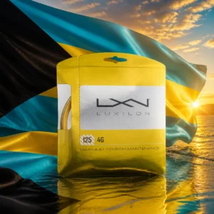 Bay Colony cardio tennis clinics — the Luxilon 4G 17g Tennis String Set and the national flag of The Bahamas, the country of Nassau, The Bahamas, composed into a single image.