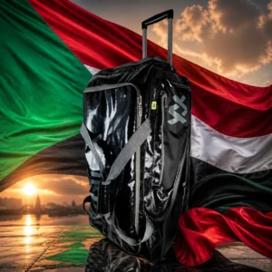 Bay Colony cardio tennis — the Volkl Primo Wheelie Tennis Bag (9 Racquet) and the national flag of Sudan, the country of Khartoum North, Sudan, composed into a single image.