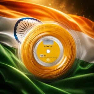 Bay Colony cardio tennis lessons — the Luxilon 4G 16g Tennis String Reel and the national flag of India, the country of Hajipur, India, composed into a single image.