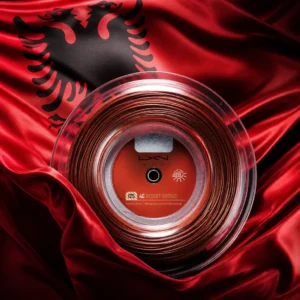 Bay Colony cardiovascular tennis clinics — the Luxilon 4G 17g Tennis String Reel and the national flag of Albania, the country of Vlorë, Albania, composed into a single image.