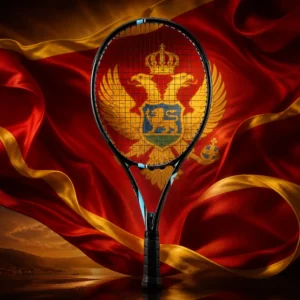 Bay Colony tennis class — the Prokennex Q+ 15 Pro Tennis Racquet and the national flag of Montenegro, the country of Plužine, Montenegro, composed into a single image.