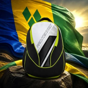 Bay Colony tennis classes — the Prokennex Q Tour Tennis Backpack and the national flag of Saint Vincent and the Grenadines, the country of Kingstown, Saint Vincent and the Grenadines, composed into a single image.
