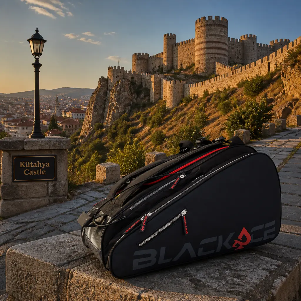 Bay Colony tennis clinic — a Prokennex Ace Station Tour six-racquet tennis bag on the walls of Kütahya Castle above the city.