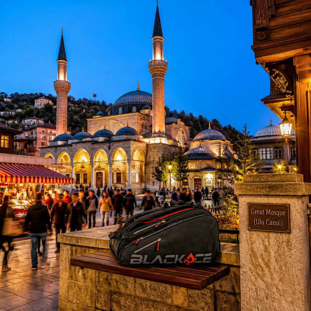 Bay Colony tennis clinic — a Prokennex Ace Station Tour six-racquet tennis bag beside the columns inside Ulu Cami, the Great Mosque of Kütahya.