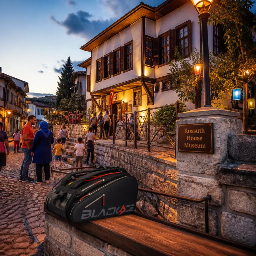 Bay Colony tennis clinic — a Prokennex Ace Station Tour six-racquet tennis bag in the courtyard of the Vacidiye Medrese, now the Kütahya Museum.