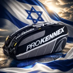 Bay Colony tennis lessons — the Prokennex Q Gear Tennis Bag (6 Racquet) and the flag of Israel combined by the model into a single photoreal composition. The white field with its two horizontal blue stripes above and below a centred blue Star of David fills the frame in heavy hanging cloth, side-lit so the folds break the stripes and the weave shows, and the gray and black bag is composed into the arrangement so its long form lies along the lower stripe and the two shapes read as one object, with no lettering anywhere in the picture.