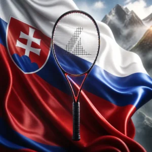 beginner cardio tennis class Fort Lauderdale — the Prokennex Black Ace 315 Tennis Racquet and the flag of Slovakia combined by the model into a single photoreal composition. The white, blue and red horizontal tricolour hangs full-frame with its gold double cross on three hills shield toward the hoist, the fabric lit from one side so the folds carry the light, and the black racquet is composed into the arrangement so the frame's throat and the shield read as one object without any lettering anywhere in the picture.