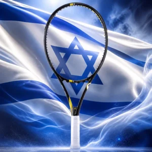 beginner cardio tennis class — the Prokennex Ki Q+ 5 Tennis Racquet and the national flag of Israel, the country of Netivot, Israel, composed into a single image.
