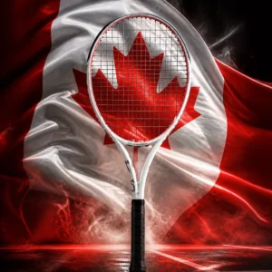 beginner cardio tennis classes — the Prokennex Ki 10 305 Tennis Racquet and the flag of Canada combined by the model into a single photoreal composition. The red, white, red vertical bands fill the frame in heavy moving cloth with the eleven-pointed red maple leaf centred on the white square, side light raking the folds so the red deepens at the edges, and the white and orange racquet is composed into the arrangement so the frame's hoop and the outline of the leaf read as one shape, with no lettering anywhere in the picture.