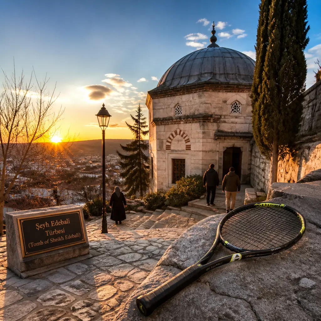 beginner cardio tennis classes Fort Lauderdale — the Prokennex Ki Q+ Tour Pro 315g Tennis Racquet photographed at the Tomb of Seyh Edebali in Bilecik, Turkey. A small domed stone tomb in a walled garden terrace above the town, cypresses around it, a second smaller tomb alongside and the red roofs of Bilecik dropping away below the parapet. Just after sunrise in early autumn, the light almost flat and gold across the paving: an old man dragging a hose over to the roses, two women slipping off their shoes at the threshold, a caretaker sweeping leaves into a pile that keeps blowing apart, pigeons lifting off the dome. The racquet leans against a worn stone step low in the near foreground, untouched by anyone.