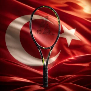 beginner cardio tennis classes Fort Lauderdale — the Prokennex Ki Q+ Tour Pro 315g Tennis Racquet and the flag of Turkey combined by the model into a single photoreal composition. The red field with its white crescent and five-pointed star set slightly left of centre fills the frame in deep side-lit folds, and the racquet is composed into the arrangement so that the curve of the frame's hoop and the inner curve of the crescent read as one continuous line, with no lettering anywhere in the picture.