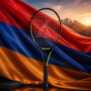 beginner cardio tennis clinic Fort Lauderdale — the Prokennex Q Tour 325 Tennis Racquet and the flag of Armenia combined by the model into a single photoreal composition. The red, blue and orange horizontal tricolour fills the frame in long side-lit folds, the light catching the top edge of each band, and the racquet is composed into the arrangement so the shaft runs along the seam between the blue and the orange and the hoop sits square in the red, with no lettering anywhere in the picture.