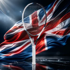beginner cardio tennis clinics — the Prokennex Ki 15 300g Tennis Racquet and the flag of the United Kingdom combined by the model into a single photoreal composition. The Union Flag fills the frame in deep folds on a dark navy ground, the red and white crosses and the offset red saltire catching a low side light, and the blue and white extended-length racquet is composed into the arrangement so the shaft runs along one arm of the white saltire and the hoop sits in the upper quarter, with no lettering anywhere in the picture.
