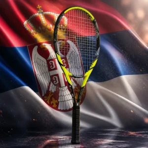 beginner cardio tennis clinics Fort Lauderdale — the Prokennex Ki 5 320 Tennis Racquet and the flag of Serbia combined by the model into a single photoreal composition. The red, blue and white horizontal tricolour fills the frame in heavy side-lit folds with the coat of arms and its double-headed eagle sitting toward the hoist, and the racquet is composed into the arrangement so the hoop frames the shield and the shaft runs down the seam between the blue and the white, with no lettering anywhere in the picture.