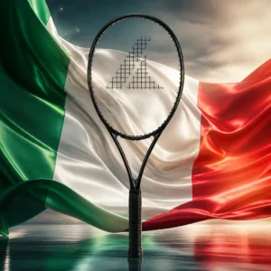 beginner cardio tennis Fort Lauderdale — the Prokennex Ace Station Black Ace Pro Tennis Racquet composed by the model into one photoreal image with the flag of Italy, the vertical green, white and red tricolour in real cloth sweeping around and behind the frame with true folds, true shadow and true weight.