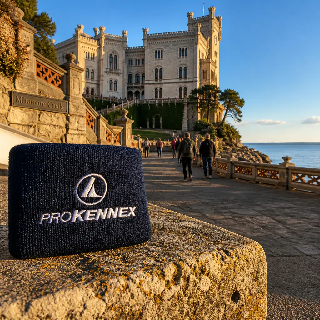 beginner cardio tennis lessons — the Prokennex Wristbands photographed at Miramare Castle in Trieste, Italy. Low near ground level on the gravel terrace looking up at the white limestone castle on its promontory, the sea just visible past the balustrade. Early morning in late spring with the sun raking in flat off the water and the stone going pale gold: gardeners raking the gravel in long strokes, the first visitors coming up the path with coats over their arms, a couple stopped at the balustrade watching a sailing boat go out, gulls dropping down onto the rocks below. The pair of wristbands sits on a worn stone step in the near foreground, close to the camera, and nobody touches them.