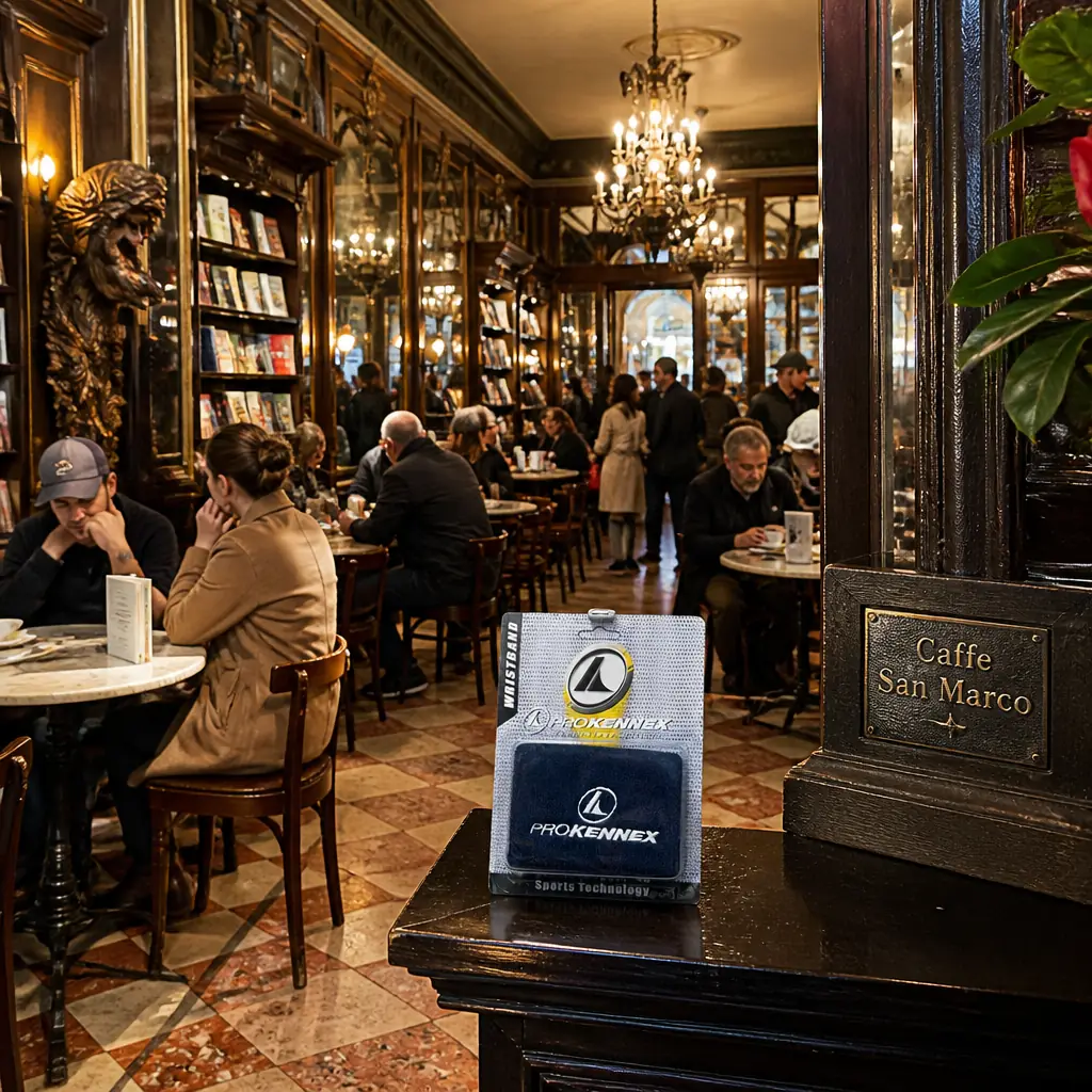 beginner cardio tennis lessons — the Prokennex Wristbands photographed inside Caffe San Marco at Via Cesare Battisti 18 in Trieste, Italy. Eye level and straight down the room, dark wood panelling, bronze coffee-leaf masks along the walls, small round marble tables and the bookshop shelves filling the far half. Bright midday in winter with hard light coming through the tall windows in slabs across the floor: a waiter crossing at speed with a tray held high, two men arguing over a newspaper spread across a table, a woman reading with her coat still on, the coffee machine going hard at the counter with a queue standing at it. The wristbands rest on the marble edge of a table in the middle distance, off to one side, untouched.