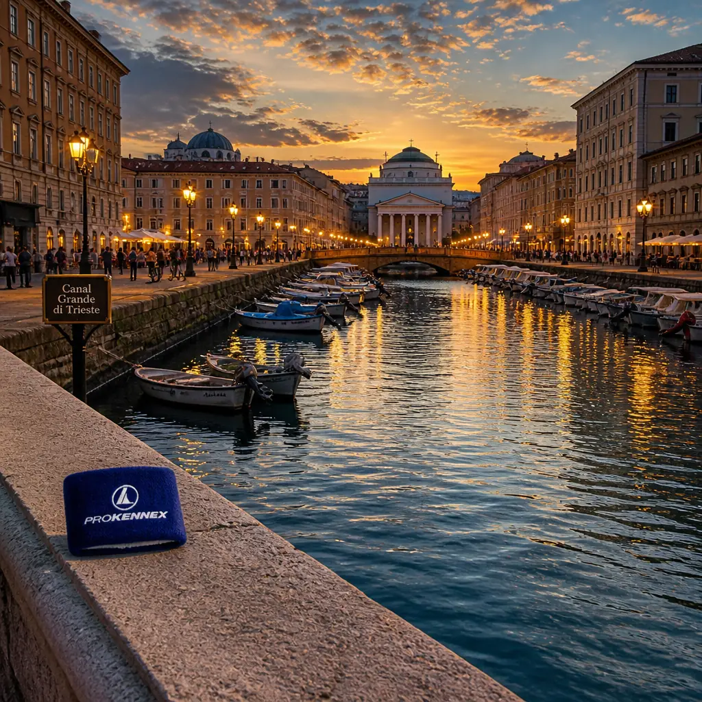 beginner cardio tennis lessons — the Prokennex Wristbands photographed at the Canal Grande di Trieste in Italy. Elevated and wide from a balcony above the Ponte Rosso so the whole straight canal, the moored boats and the columned front of Sant'Antonio Taumaturgo closing the far end sit small in a big frame. Golden hour on a summer evening with the water gone copper and the church front catching the last light: the passeggiata in full flow along both quays, a man rowing a small boat down the middle of the canal, the terraces full and a waiter threading between them, children running ahead of their parents over the bridge. The wristbands lie far off and small on the flat stone parapet of the bridge at the right edge, alone.