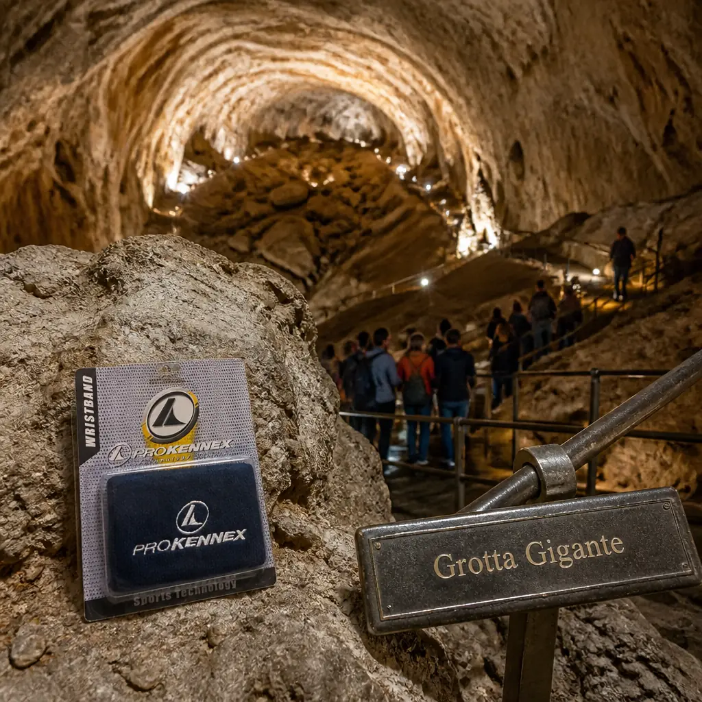 beginner cardio tennis lessons — the Prokennex Wristbands photographed inside the Grotta Gigante at Borgo Grotta Gigante on the karst above Trieste, Italy. Close and intimate with shallow depth on the wet steel stair rail deep in the single chamber, the vast cave roof and the lit stalagmites falling away out of focus behind. Deep underground with cold artificial lighting throwing long shadows up the walls and moisture in the air: a guided group strung out down the stairway with one hand each on the rail, a guide stopped on a landing with an arm raised mid-explanation, a child counting steps out loud, water dripping visibly through a beam of light. The wristbands rest on the damp handrail in mid-frame, off centre, touched by nobody.