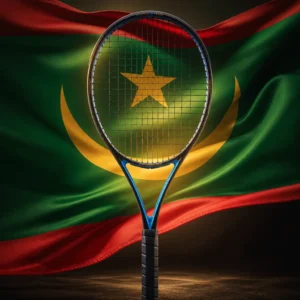beginner cardio tennis — the Prokennex Black Ace 105 racquet composed with the flag of Mauritania, the green field with its gold crescent and star and two red bands rippling behind the frame in warm Saharan light