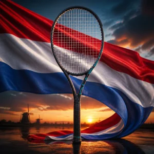 beginner cardiovascular tennis classes — the Diadem Nova V3 racquet composed with the flag of the Netherlands, the red, white and blue horizontal bands snapping in a coastal wind behind the frame