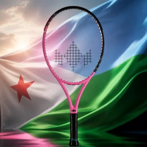 beginner cardiovascular tennis clinic Fort Lauderdale — the Diadem FS 100 Series Tennis Racquet and the flag of Djibouti combined by the model into a single photoreal composition. The light blue and light green horizontal bicolour fills the frame in soft side-lit folds with the white triangle at the hoist and its red star catching the light, and the racquet is composed into the arrangement so the hoop sits inside the white triangle and the shaft runs along the line where the blue meets the green, with no lettering anywhere in the picture.