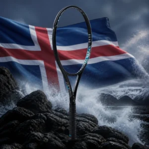 beginner cardiovascular tennis clinic — the Diadem Nova FS 100 Plus Tennis Racquet and the flag of Iceland combined by the model into a single photoreal composition. The blue field with its white-bordered red Nordic cross fills the frame in slow-moving folds, lit cool from one side, and the extended-length racquet is composed into the arrangement so the line of the frame and the vertical arm of the cross read as one continuous element, with no lettering anywhere in the picture.