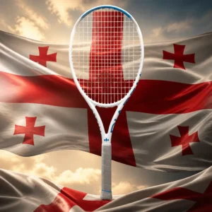 beginner tennis class — the Diadem Dream Performance Tennis Racquet and the flag of Georgia combined by the model into a single photoreal composition. The white field with its large central red St George's cross and four smaller red Bolnisi crosses in the quarters fills the frame, the cloth lit from one side so the folds carry light across the arms of the crosses, and the pale natural-coloured oversize frame is composed into the arrangement so the hoop and the central cross read as one deliberate object, with no lettering anywhere in the picture.