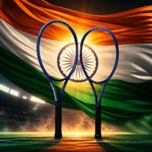 beginner tennis class Fort Lauderdale — the Diadem Elevate Tour 98 V3 Tennis Racquet and the flag of India combined by the model into a single photoreal composition. The horizontal saffron, white and green tricolour fills the frame with the navy blue twenty-four-spoked Ashoka Chakra centred on the white band, the cloth lit from one side so the folds run through the wheel, and the metallic blue frame is composed into the arrangement so the racquet's hoop and the spoked wheel echo one another, with no lettering anywhere in the picture.