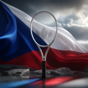 beginner tennis classes Beverly Heights — the Diadem Elevate FS 98 Tour Tennis Racquet and the flag of the Czech Republic combined by the model into a single photoreal composition. The white upper band, red lower band and blue triangle driving in from the hoist fill the frame, the cloth lit from one side so the fold shadows run along the edge of the triangle, and the tour frame is composed into the arrangement so the racquet's head and the point of the blue wedge form a single deliberate geometry, with no lettering anywhere in the picture.