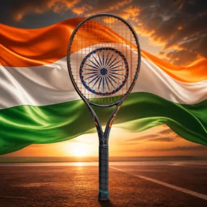 beginner tennis classes Colee Hammock — the Diadem Axis Team 16x19 Tennis Racquet and the flag of India combined by the model into a single photoreal composition. The horizontal saffron, white and green tricolour fills the frame with the navy blue twenty-four-spoked Ashoka Chakra centred on the white band, the cloth lit from one side so the folds carry light across the wheel, and the black and orange frame is composed into the arrangement so the open string bed and the spoked wheel read as one design, with no lettering anywhere in the picture.