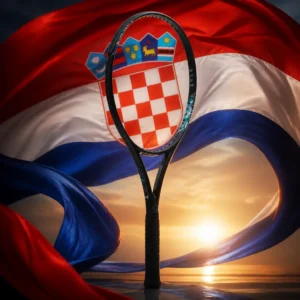 beginner tennis classes Coral Ridge — the Diadem Nova FS 100 Lite Series Tennis Racquet composed by the model into one photoreal image with the flag of Croatia, the red, white and blue horizontal tricolour with the red and white chequered shield and its crown of five small shields, rendered in real cloth with true folds and true light around the frame.