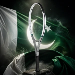 beginner tennis classes Croissant Park — the Diadem Rise 25 Junior Tennis Racquet and the flag of Pakistan combined by the model into a single photoreal composition. The dark green field with its white crescent and five-pointed star, and the white vertical band at the hoist, fill the frame, the cloth lit from one side so the folds run through the crescent, and the grey junior frame is composed into the arrangement so the racquet's hoop and the curve of the crescent answer one another, with no lettering anywhere in the picture.