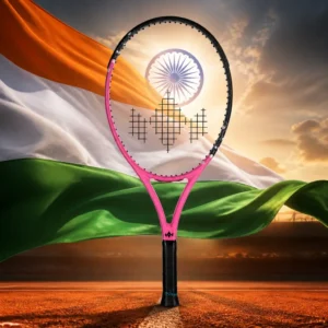 beginner tennis classes Downtown Fort Lauderdale — the Diadem Super 25 Junior Tennis Racquet and the flag of India combined by the model into a single photoreal composition. The horizontal saffron, white and green tricolour fills the frame with the navy blue twenty-four-spoked Ashoka Chakra centred on the white band, the cloth caught mid-motion in a strong wind so the folds ripple through the wheel, and the pink junior frame is composed into the arrangement so the racquet's hoop and the spoked wheel turn together, with no lettering anywhere in the picture.
