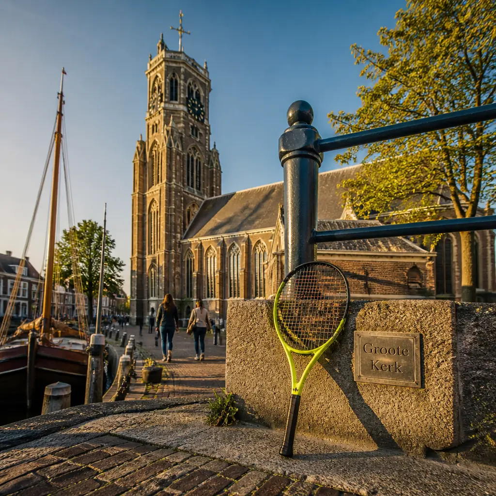beginner tennis classes Edgewood — the Diadem Super 26 junior racquet propped on a worn stone step at the foot of De Groote Kerk's tower in Maassluis in early raking light, an organ tuner carrying cases across the bridge and a choir filing in from the quay
