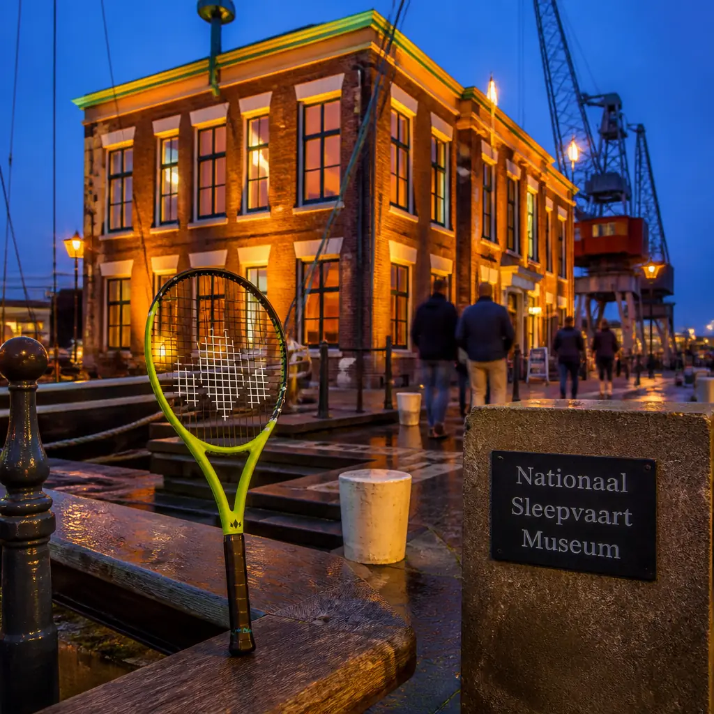 beginner tennis classes Edgewood — the Diadem Super 26 junior racquet lying along a harbour railing beside the steam tug Furie at Maassluis under bright midday sun, engineers oiling the deck gear and steam drifting from the funnel while children lean over the quay edge to watch