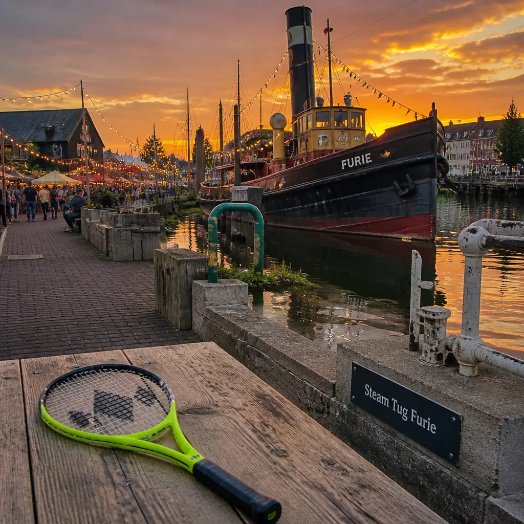 beginner tennis classes Edgewood — an elevated wide view over the Nationaal Sleepvaart Museum and the old streets of Maassluis at golden hour, the Diadem Super 26 junior racquet small on a windowsill in the foreground, a school party leaving with worksheets and a curator carrying a towing hook