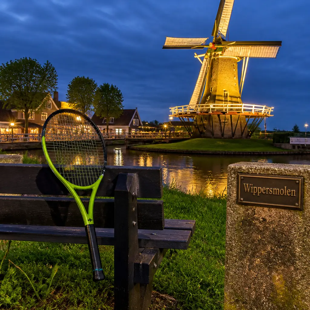 beginner tennis classes Edgewood — close intimate frame of the Diadem Super 26 junior racquet on a wet café table on the seventeenth-century quayside of Maassluis's historic harbour after dark, lamplight on stepped gables, a herring stall still trading and a crew coiling lines under the lamps