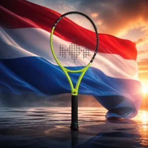beginner tennis classes Edgewood — the Diadem Super 26 junior racquet composed with the flag of the Netherlands, the red, white and blue bands filling the frame behind the small racquet in cool harbour light